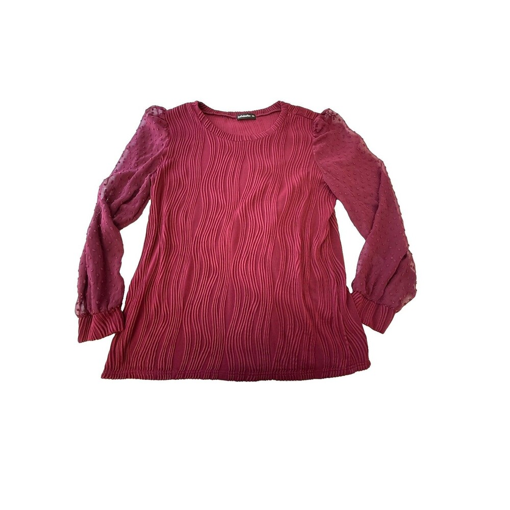 Burgundy XXL Textured Pleated Top Sheer Swiss Dot Puff Sleeve Plus Size